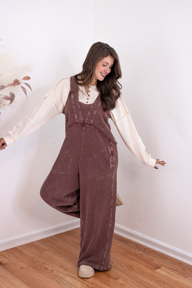 easel brown knit wide leg jumpsuit