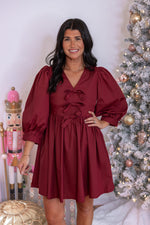 burgundy bow detail babydoll dress