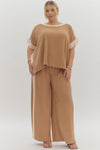 Entro Caramel ribbed textured knit pants with cream trim