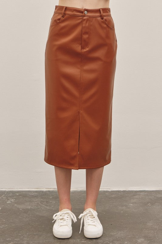 In February Caramel faux leather midi skirt with front slit