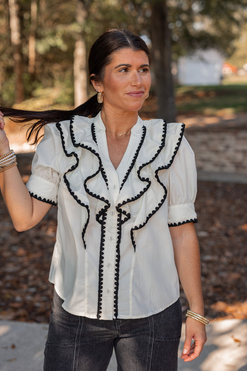 white black ric rac trim ruffle top