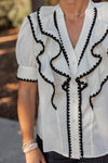 white black ric rac trim ruffle top