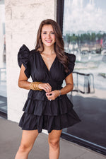 ruffle sleeve black tiered mini dress