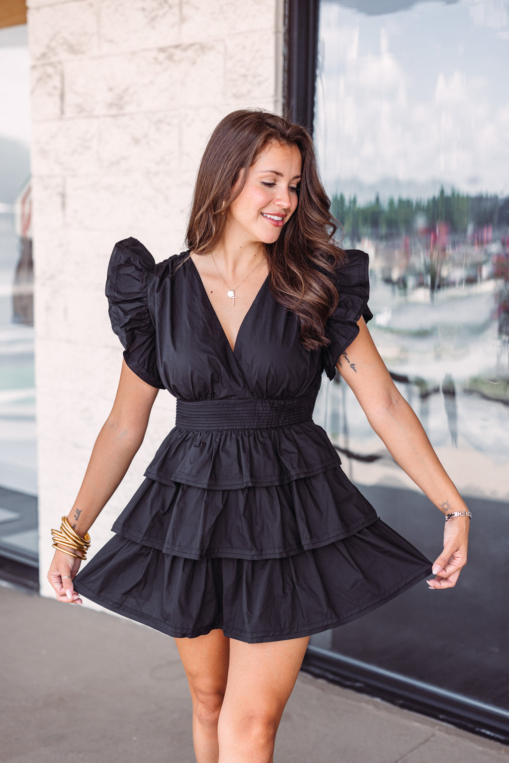 ruffle sleeve black tiered mini dress