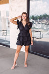 ruffle sleeve black tiered mini dress