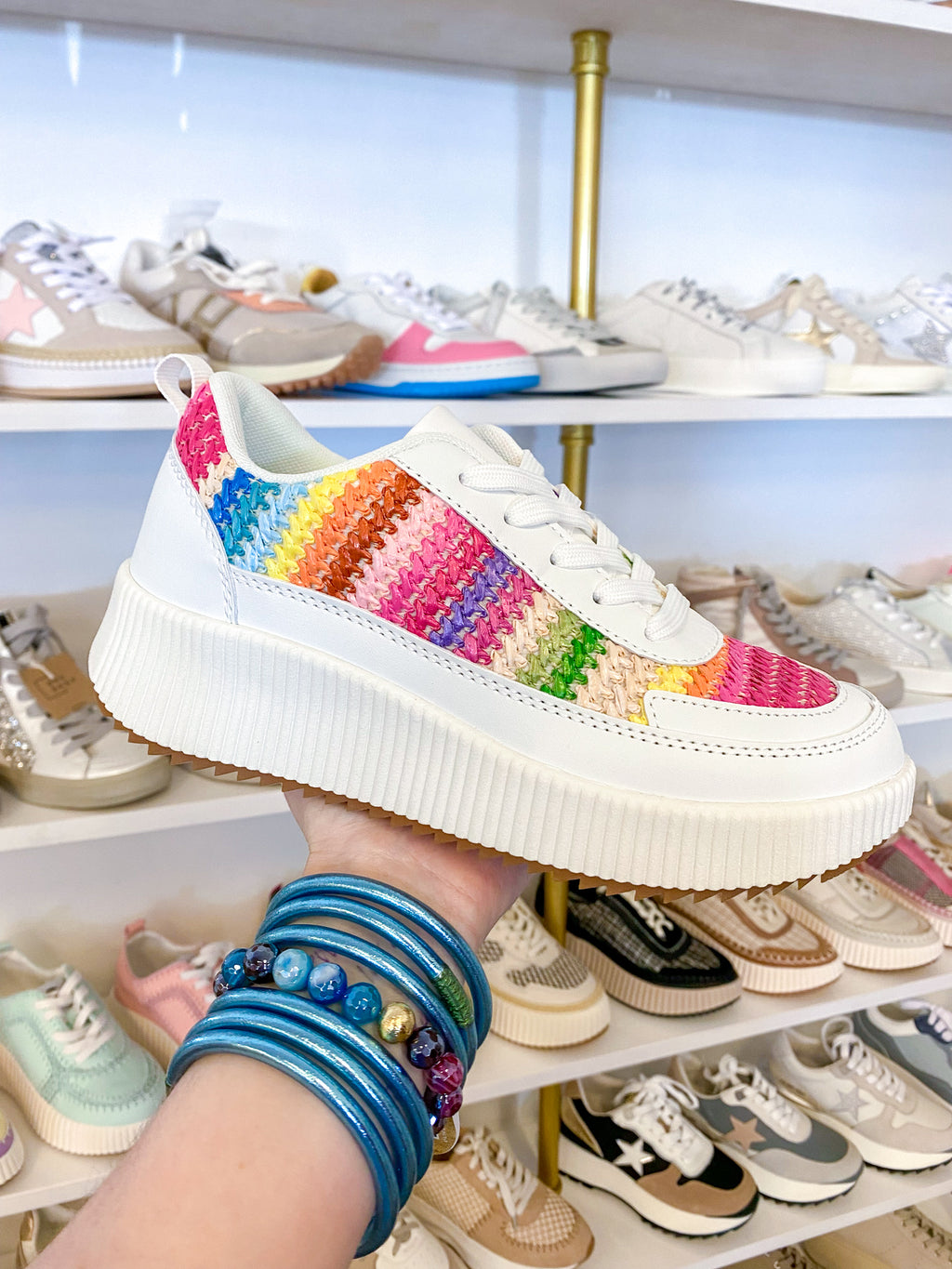 colorful raffia knit platform sneakers
