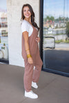 brown striped jersey knit fall jumpsuit