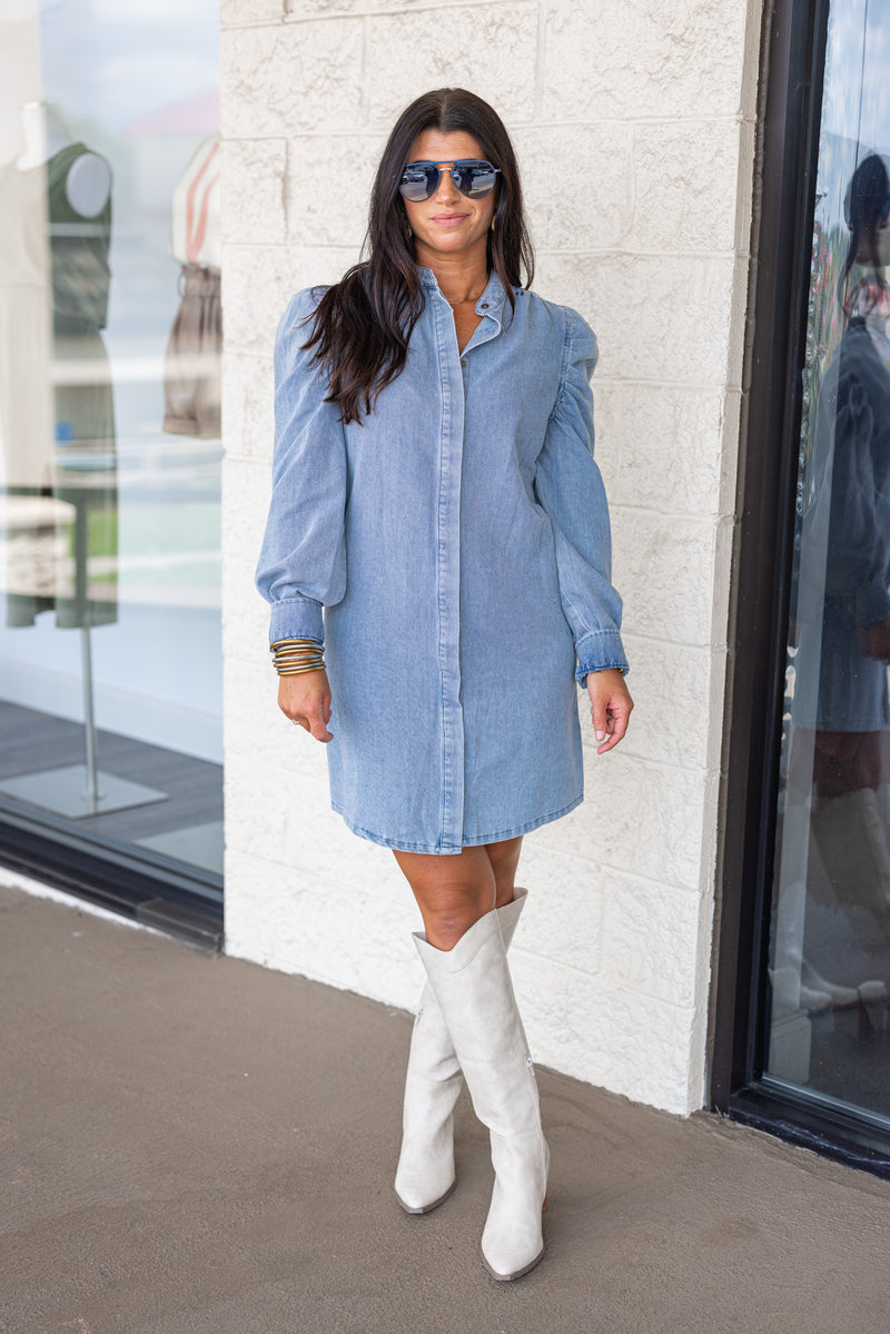 Blue Denim Belted Button Down Dress Purple Door Boutique Karlie