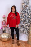 red oversized holly jolly pullover