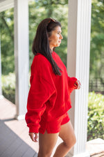 red fleece lined crew neck pullover