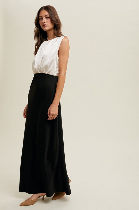 Wishlist Cream and black maxi dress with satin top and sleek polyester skirt