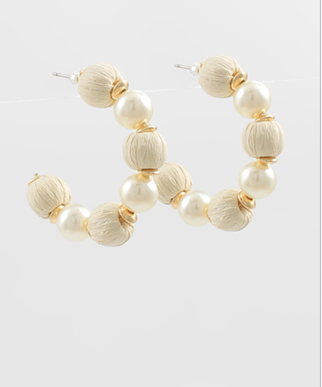 cream pearl raffia hoop earrings