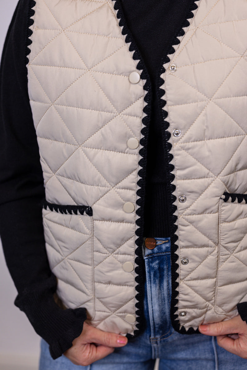 cream black ric rac trim quilted vest