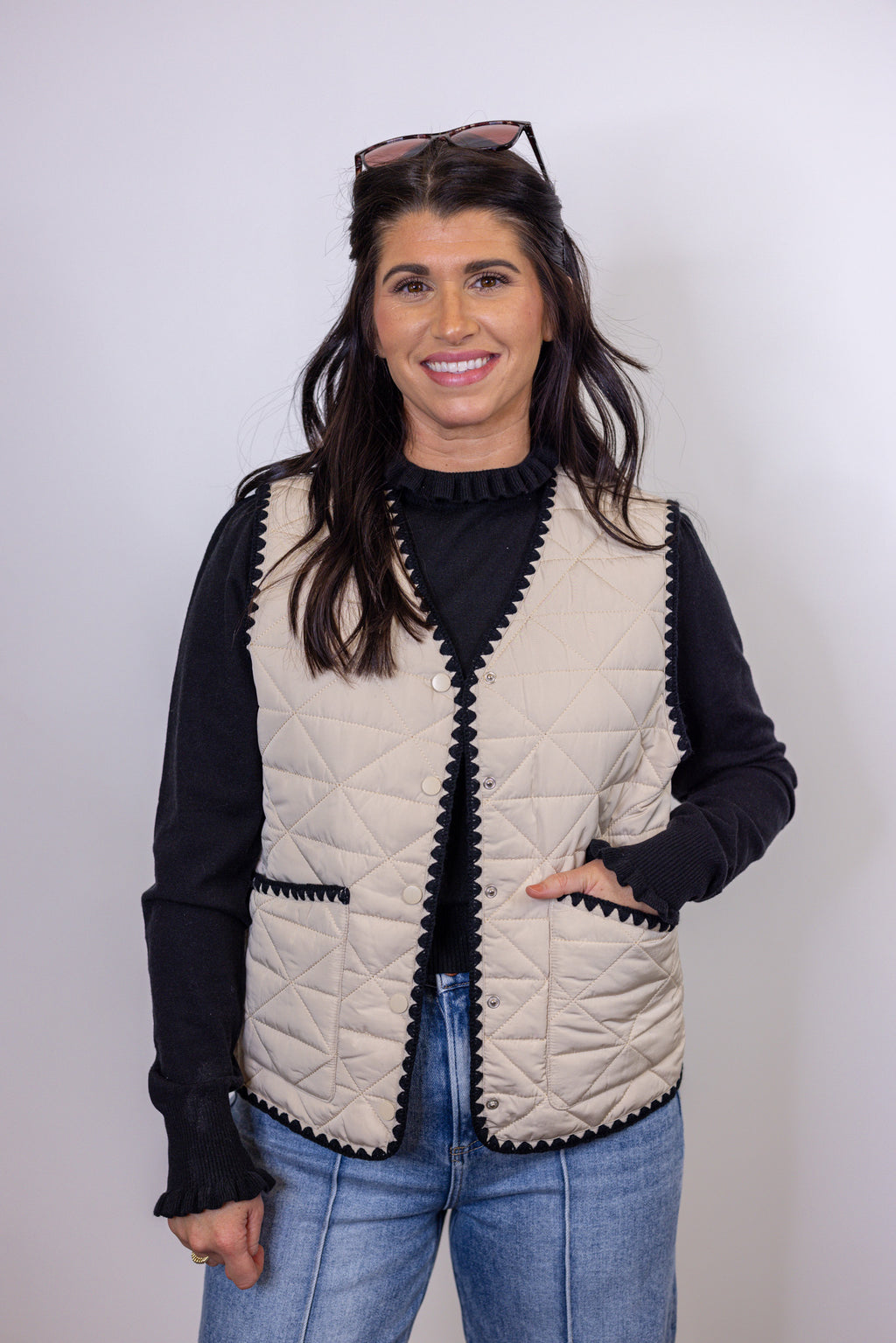 cream black ric rac trim quilted vest