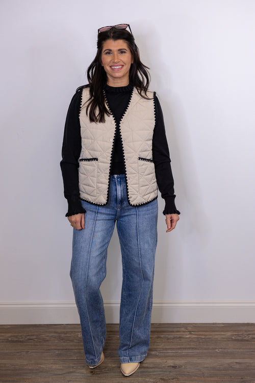 cream black ric rac trim quilted vest