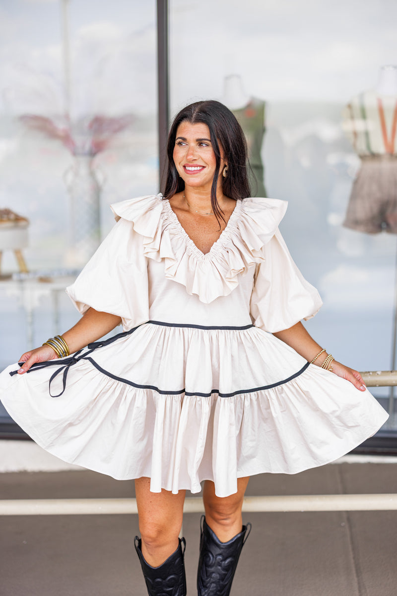 cream black ruffle babydoll dress