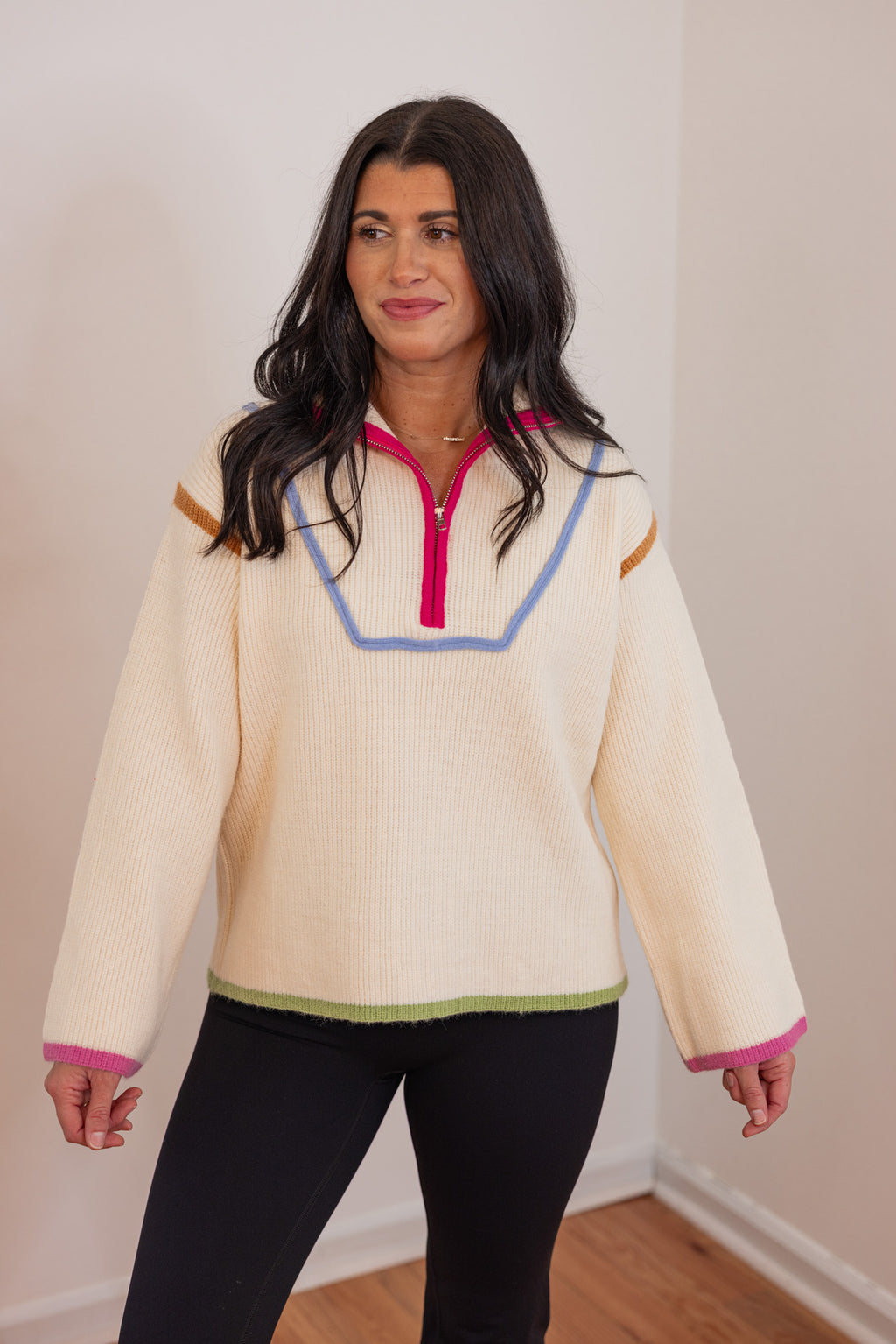 colorblock trim cream quarter zip sweater