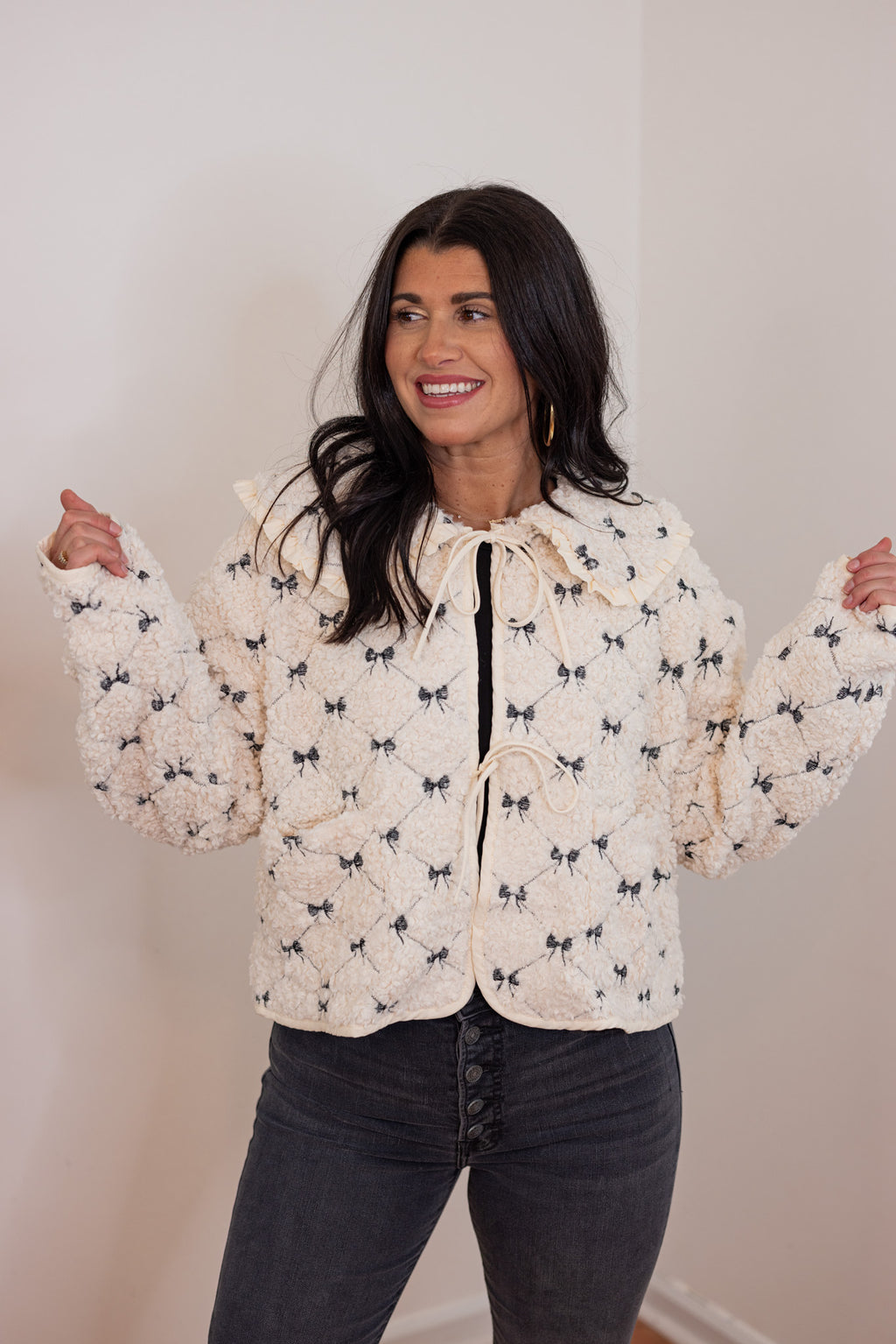 mable cream black embroidered bow jacket