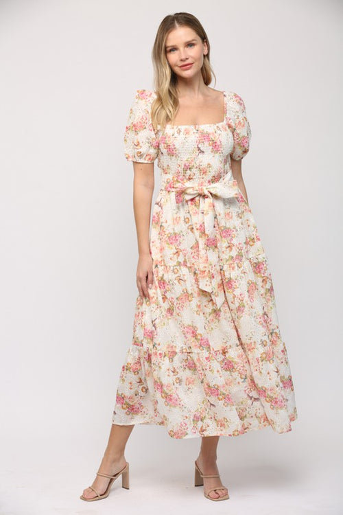 Fate by LFD Cream floral print embroidered midi dress with tie at waist