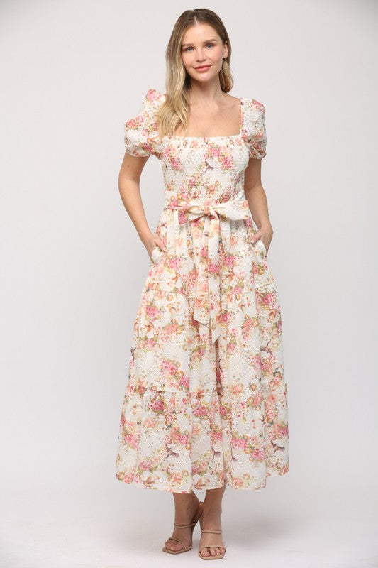 Fate by LFD Cream floral print embroidered midi dress with tie at waist