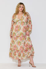 Polagram BaeVely Plus Cream ruffle tiered maxi dress with pink, blue, and green floral print