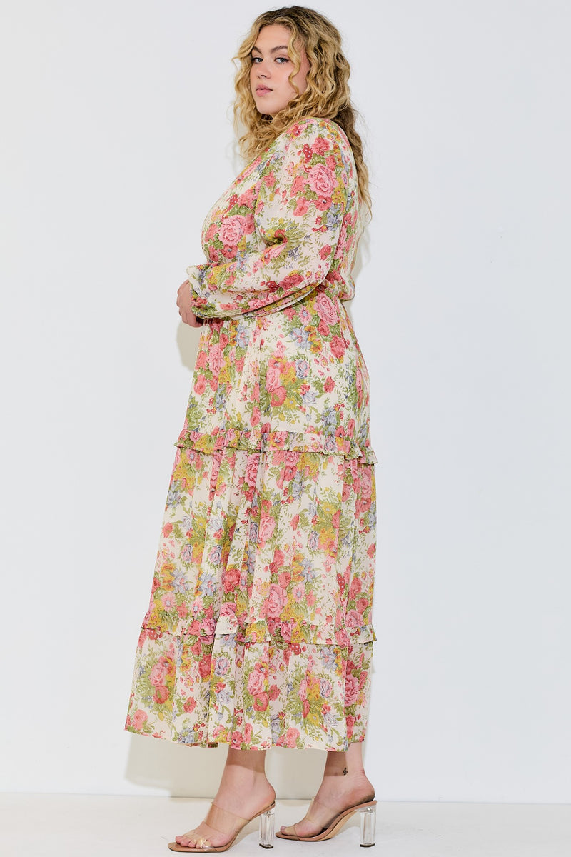 Polagram BaeVely Plus Cream ruffle tiered maxi dress with pink, blue, and green floral print