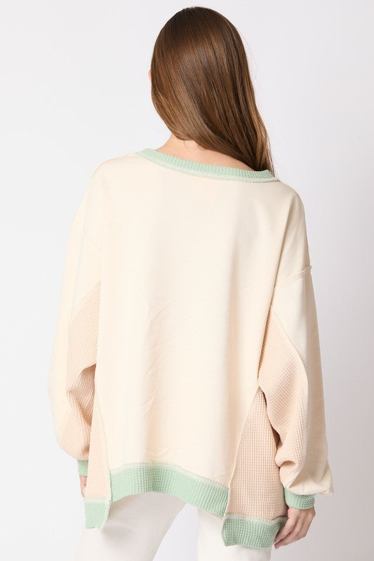 Fantastic Faen Cream knit pullover top with mint trim and waffle knit details