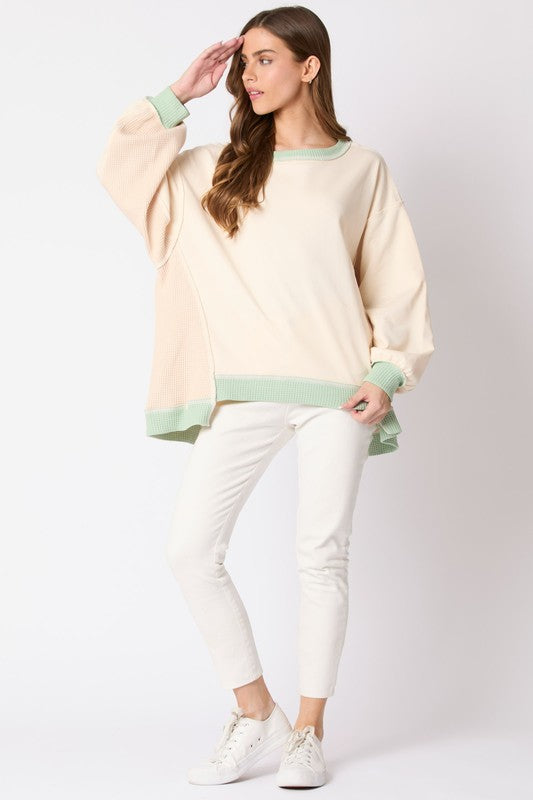 Fantastic Faen Cream knit pullover top with mint trim and waffle knit details