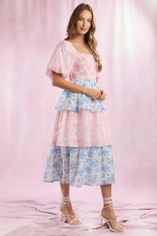 Peach Love California Cream chiffon layer tiered midi dress with blue and pink floral print