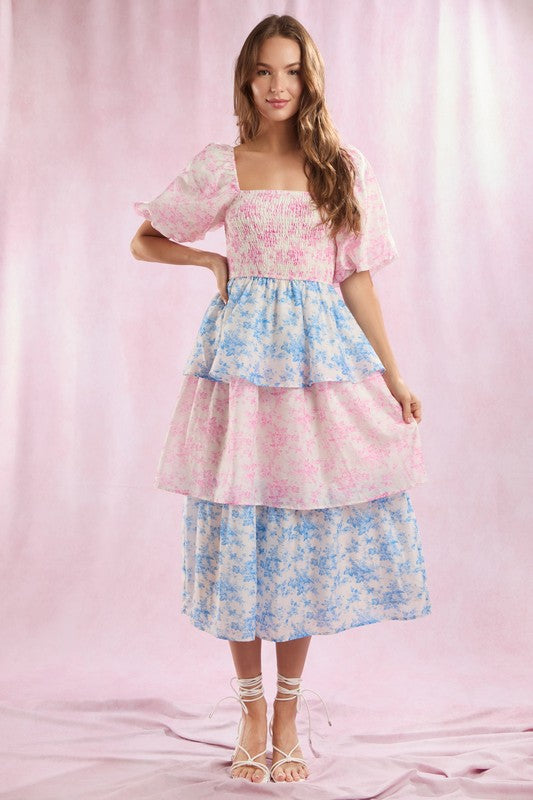 Peach Love California Cream chiffon layer tiered midi dress with blue and pink floral print