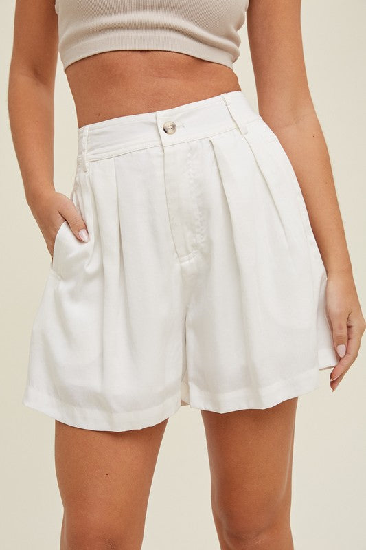 Cream Pleated Satin-like Shorts | Purple Door Boutique | Commerce GA