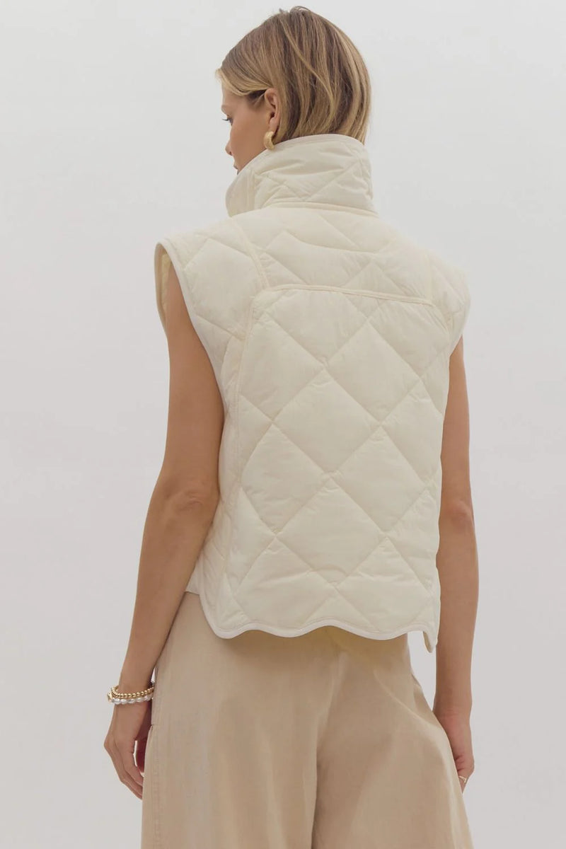 Entro Cream snap front quilted puffer vest with scalloped bottom hem