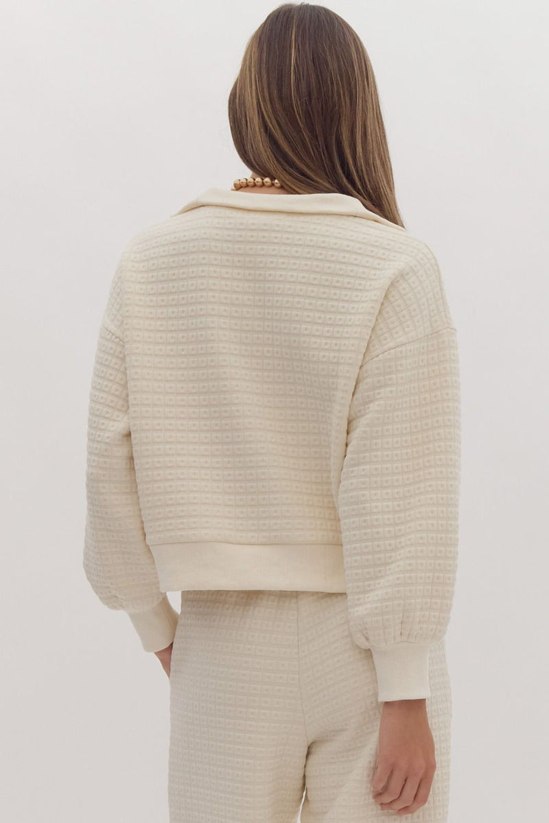 Entro Cream textured knit quarter zip long sleeve semi-cropped top