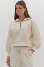 Entro Cream textured knit quarter zip long sleeve semi-cropped top