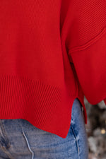 red cropped mock neck sweater