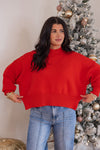 red cropped mock neck sweater