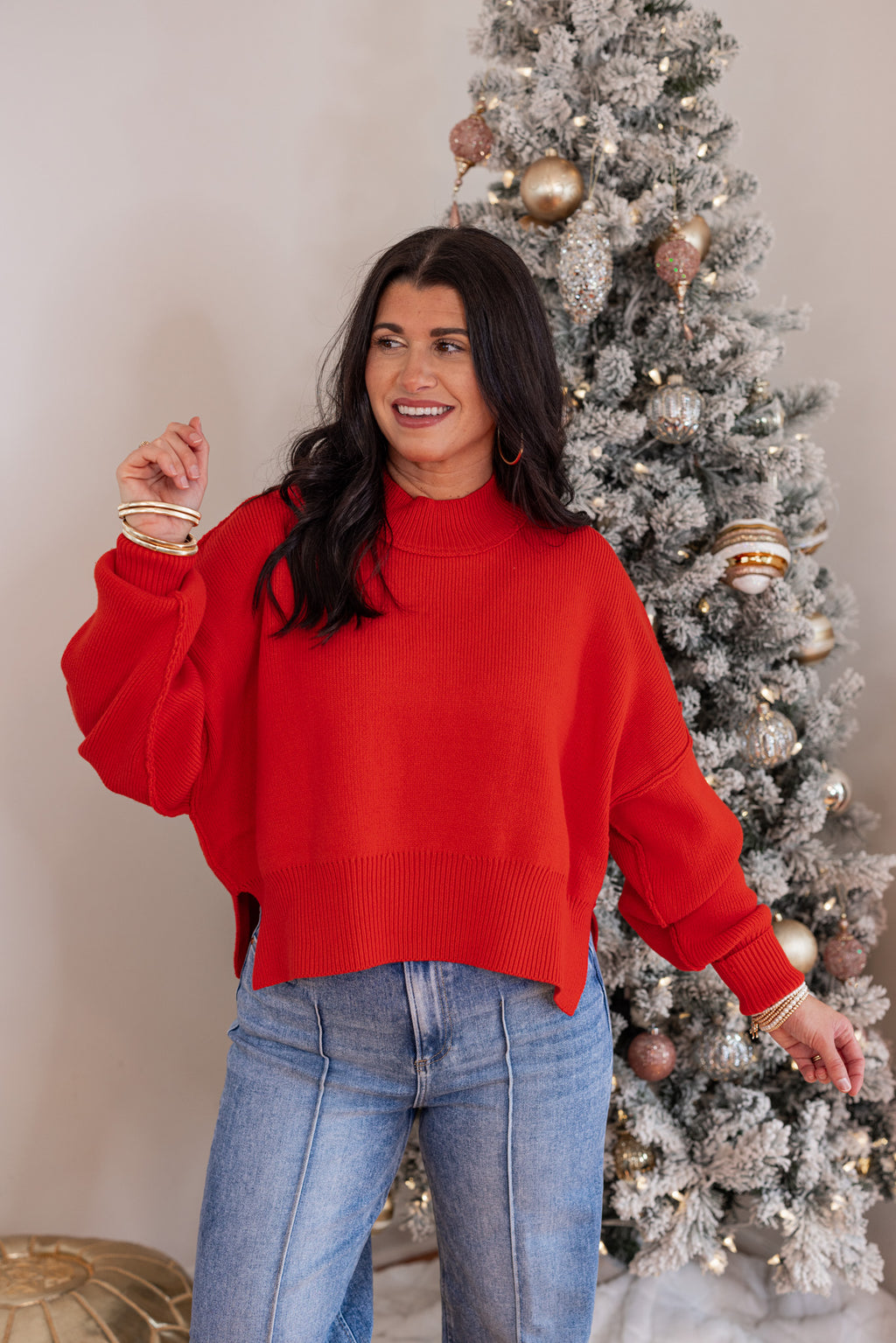 red cropped mock neck sweater