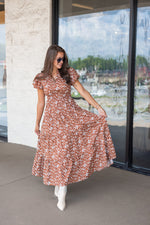 brown dainty floral print smocked waist midi dress