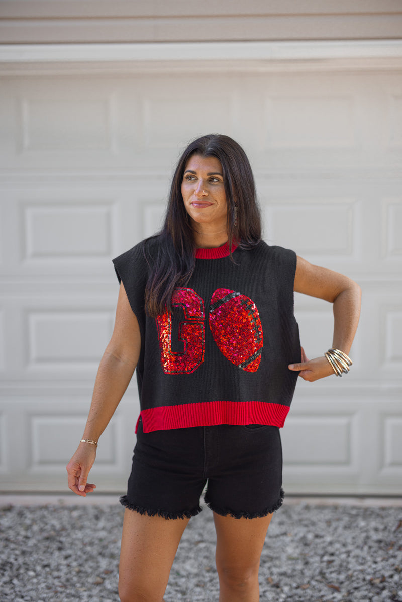 red black sequin football knit top