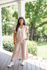 taupe elastic waist wide leg pant