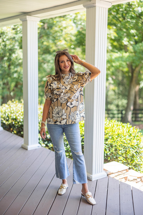 fall floral ruffle short sleeve top