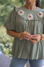 olive fall floral dressy smocked top