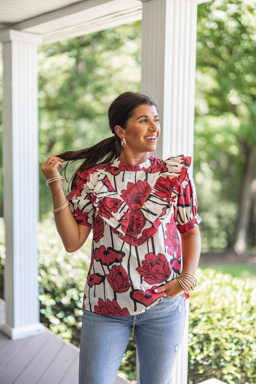 fall floral ruffle short sleeve top