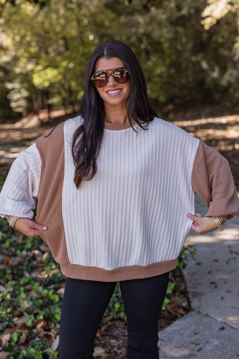 cream mocha knit color block pullover