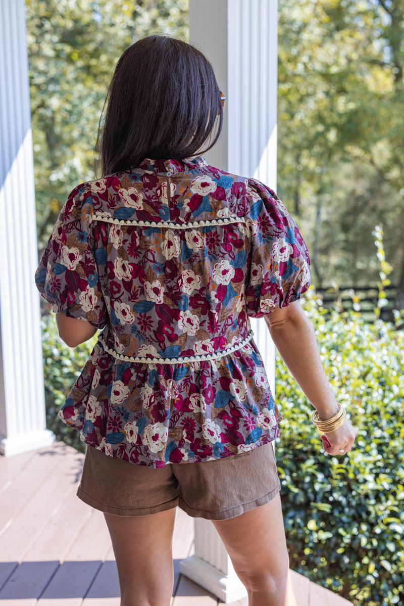 burgundy floral mock neck babydoll top