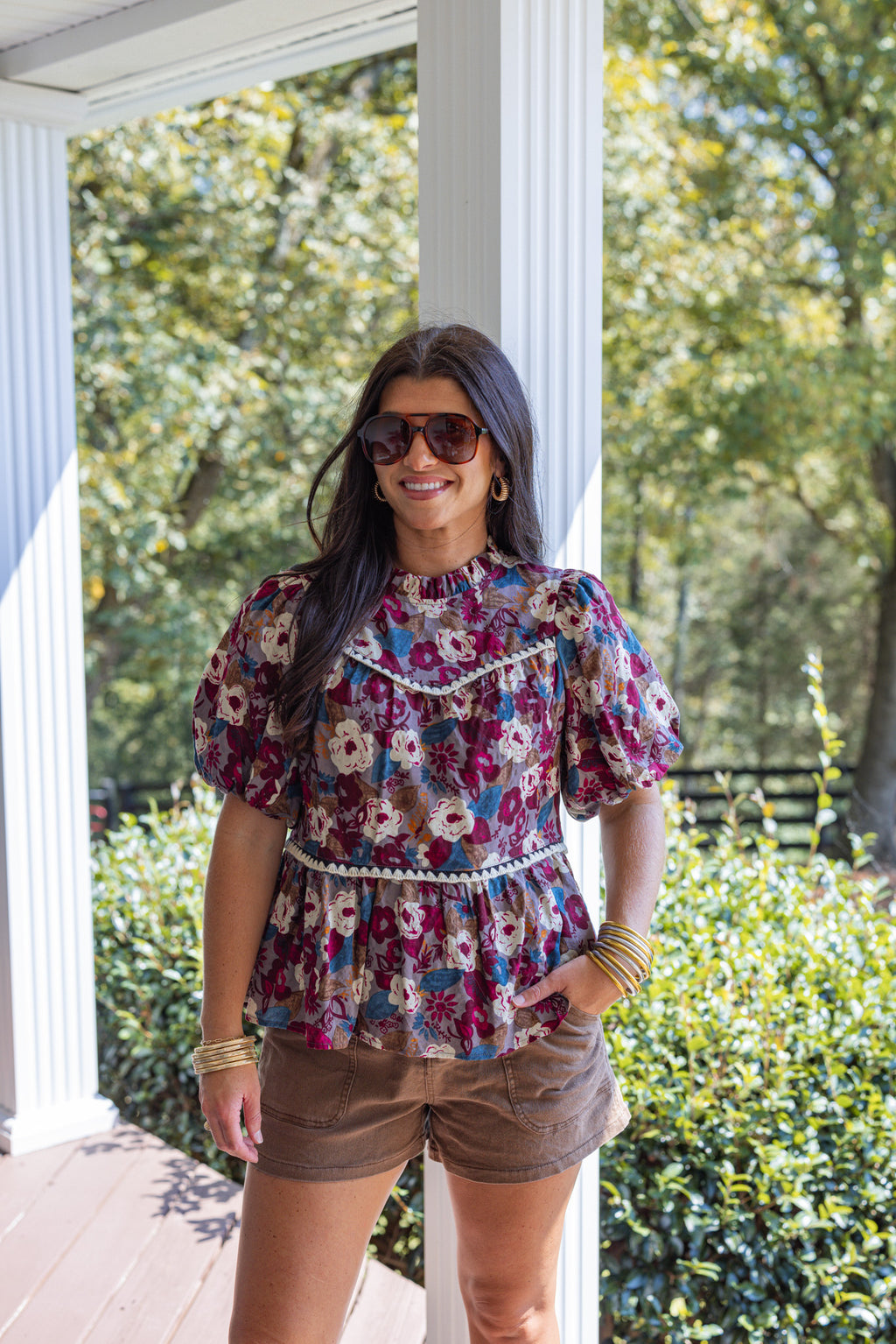 burgundy floral mock neck babydoll top