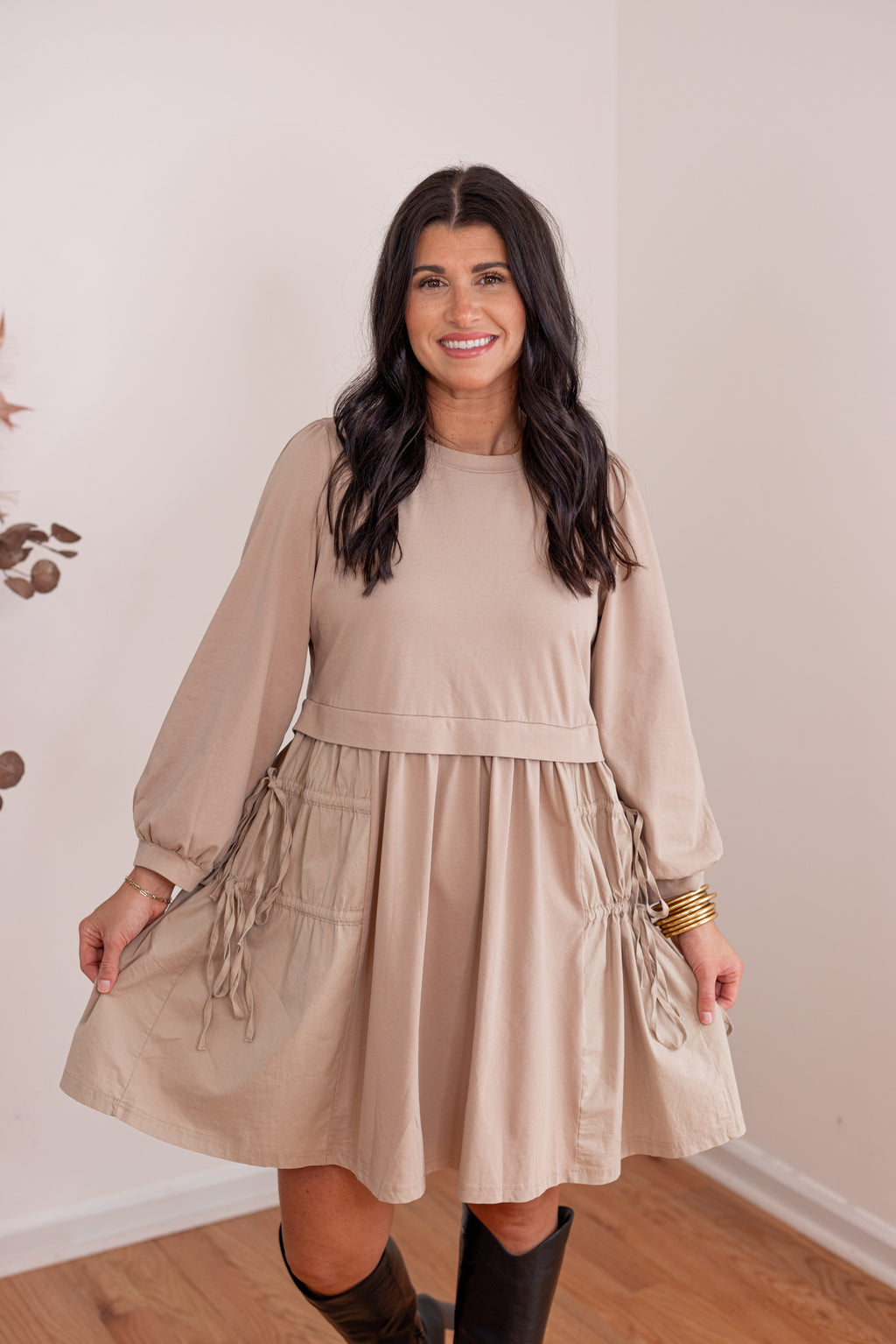 taupe poplin long sleeve dress