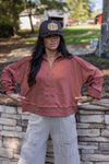 mauve rust cropped terry knit pullover