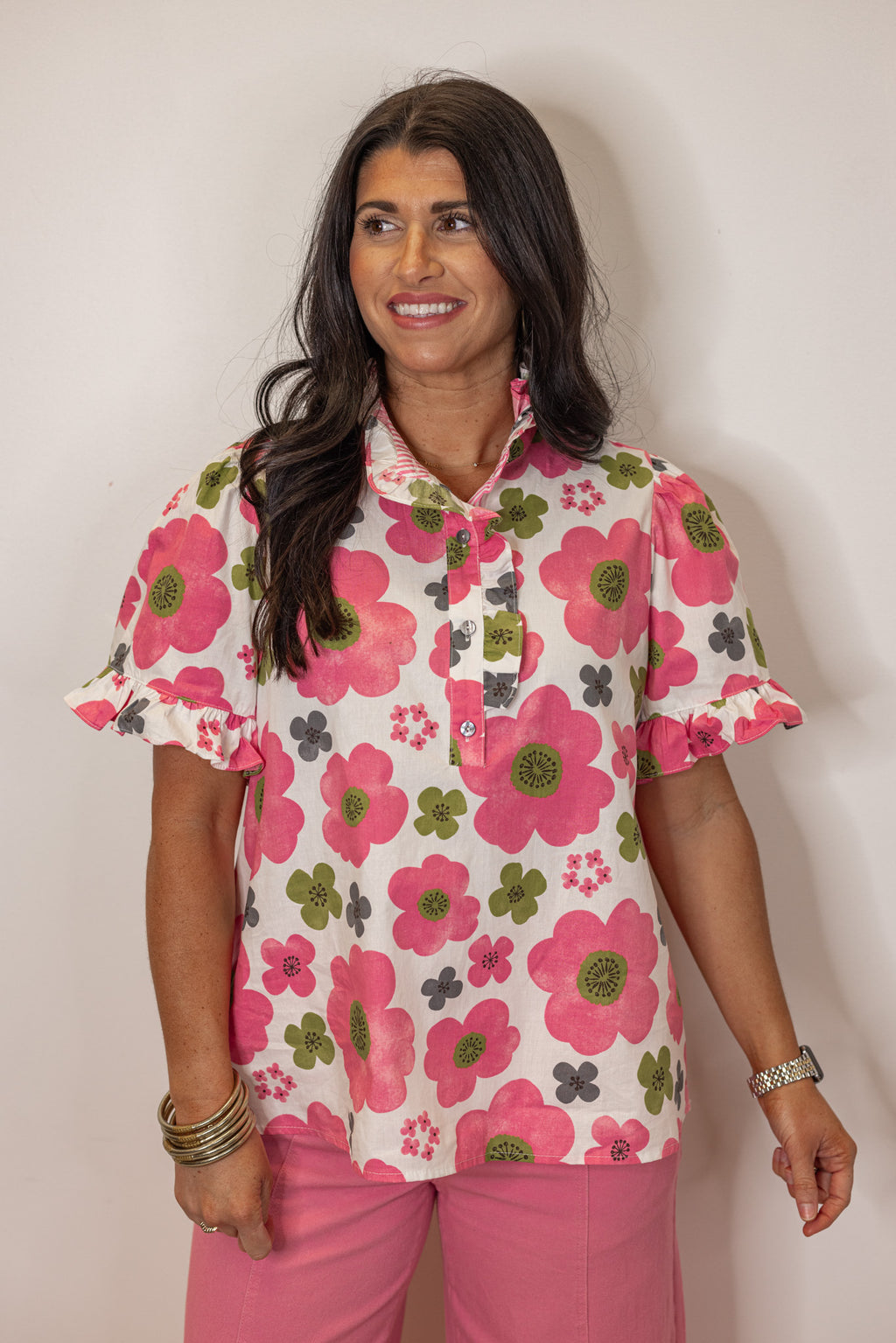 pink floral ruffle trim dressy top