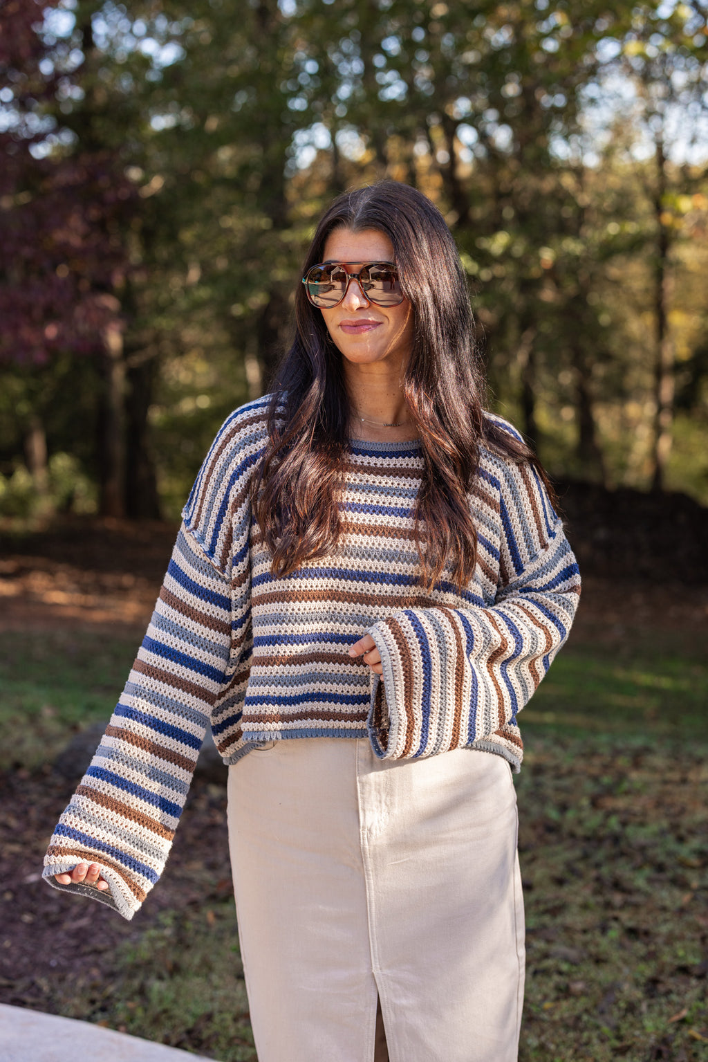 blue brown striped crochet knit sweater